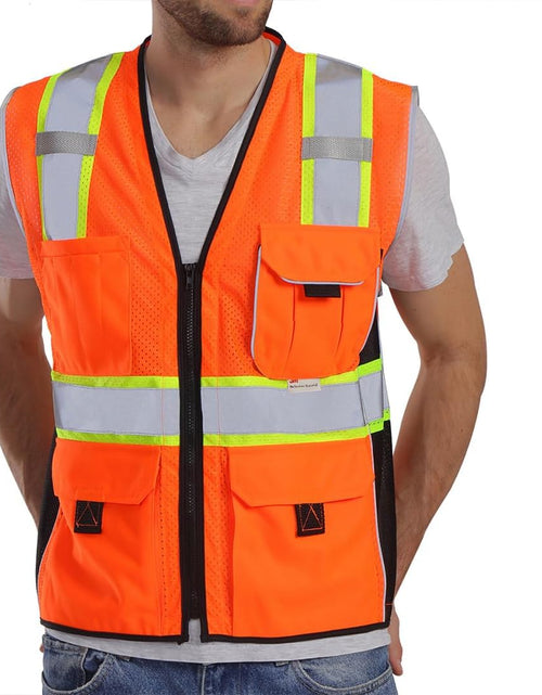 Load image into Gallery viewer, Vest Reflective Orange Mesh, High Visibility Vest with Pockets and Zipper, Heavy Duty Vest Made with 3M Reflective Tape 2XL
