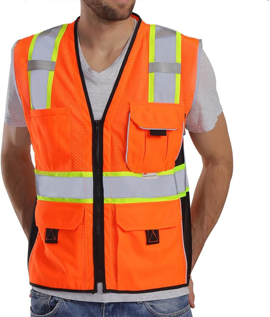 Vest Reflective Orange Mesh, High Visibility Vest with Pockets and Zipper, Heavy Duty Vest Made with 3M Reflective Tape 2XL
