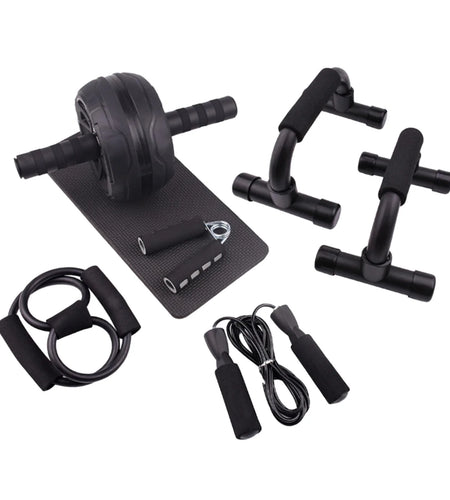 Abs Roller Wheel Indoor Fitness Equipment Set Home Gym Workout Chest Expander Black